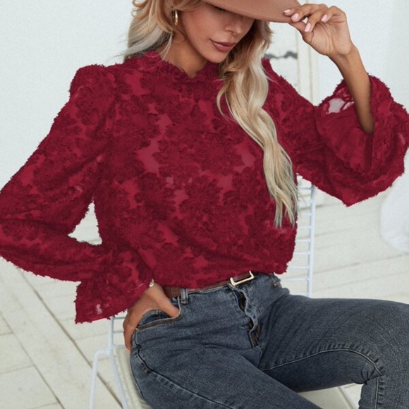 Red Floral Ruffle Sleeve Blouse Top Work Shabby Chic - Picture 5 of 10